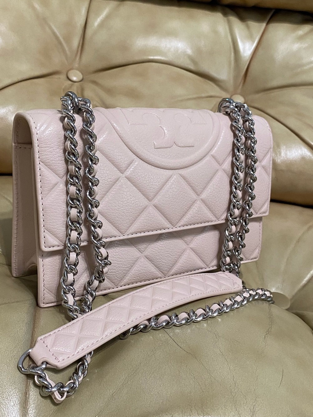 LKNW Tory Burch COA Quilted Fleming Pale Pink Leather Silver Hardware